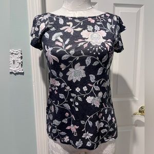 LOFT Floral Tee 100% Linen XS Grey Short Sleeve Lightweight